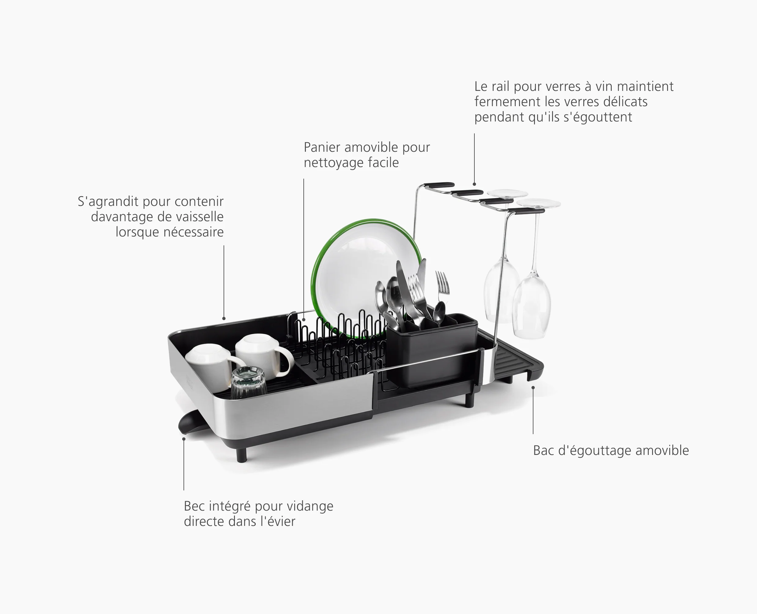 Égouttoir à Vaisselle et à Verres à Vin Noir Extend™ Steel Plus - Image 6